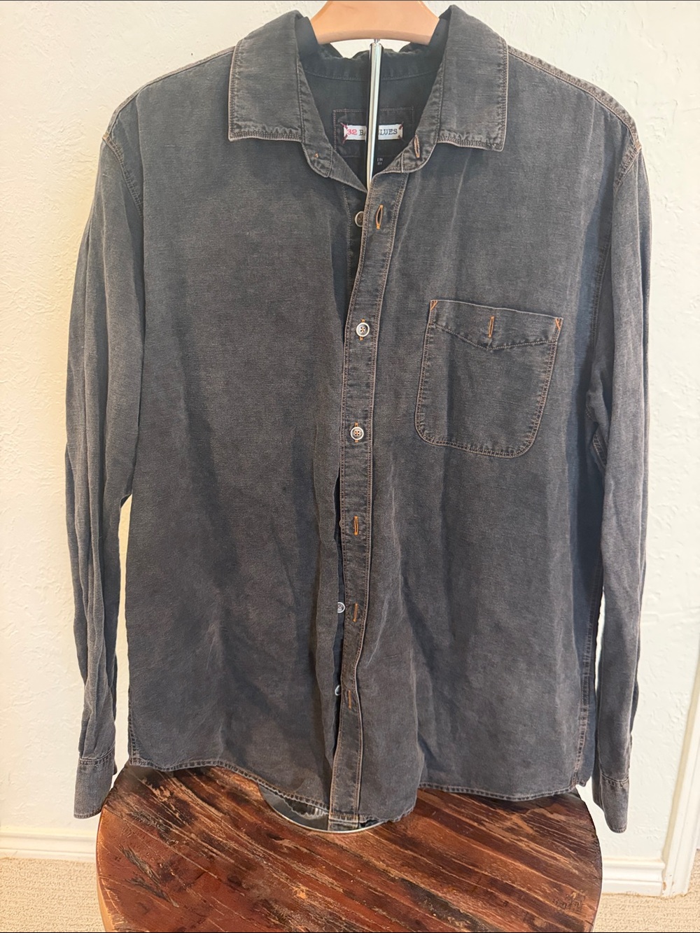 32 Bar Blues Men's Washed Black Casual Button-Down Shirt size Large Linen/Cotton